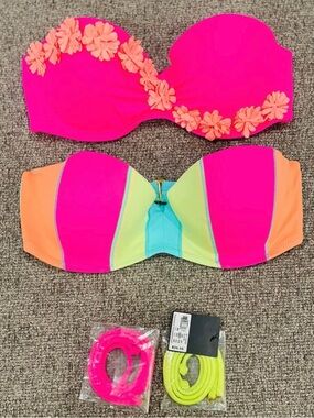 Victoria Secret/ 32D/ Neon Pink & Citrus Strapless Bikini Tops - 2 Pack